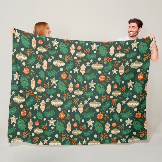 Couverture Polaire Baubles de Noël et vert du feuillage d'hiver (En situation)