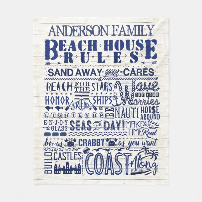 Couverture Polaire Beach House Rules Coastal Blue Famille personnalis (Devant)