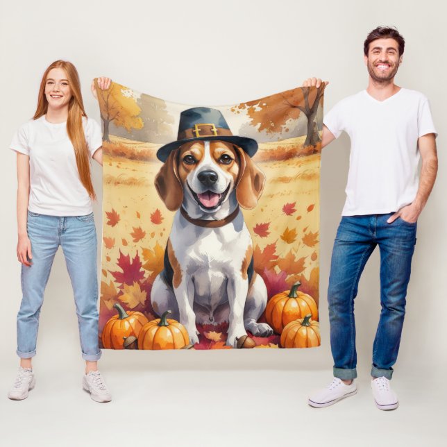 Couverture Polaire Beagle dans l'art de l'Action de grâce aux feuille (En situation)