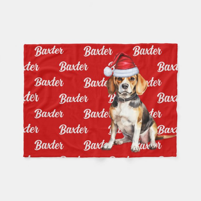 Couverture Polaire Beagle en rouge avec nom Chien de Noël (Devant (Horizontal))