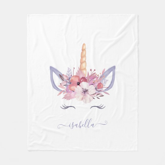 Couverture Polaire Beau nom d'aquarelle florale de visage de licorne (Devant)