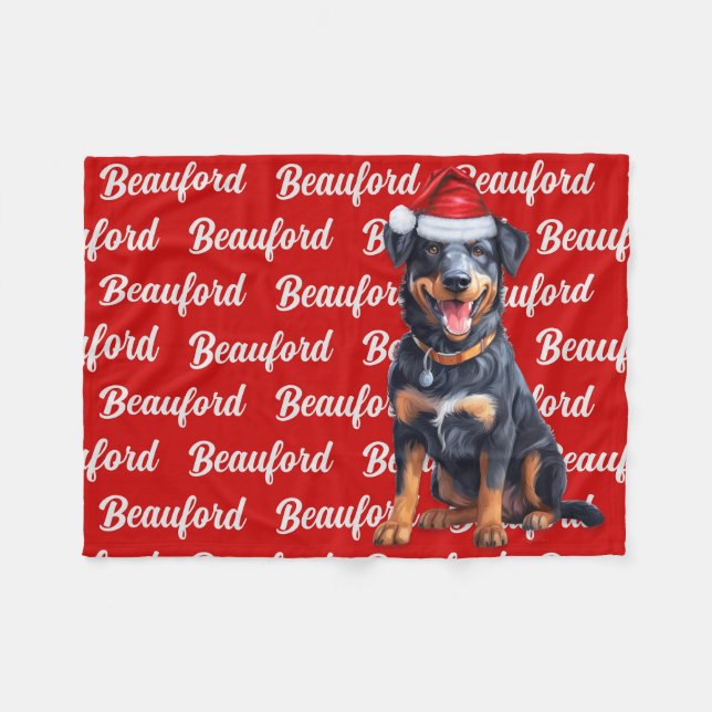 Couverture Polaire Beauceron sur rouge avec nom Chien de Noël (Devant (Horizontal))
