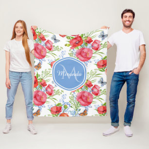 Couverture Polaire Beaux pavots rouges avec les papillons bleus et le