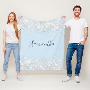 Couverture Polaire Bébé bleu argent parties scintillant nom script