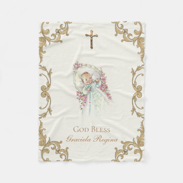 Couverture Polaire Bébé de roses de rose de croix de crucifix d'or (Devant)