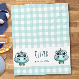 Couverture Polaire Bébé Dino Gingham Nom Date de Naissance Mignon