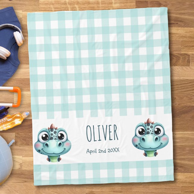 Couverture Polaire Bébé Dino Gingham Nom Date de Naissance Mignon (Créateur téléchargé)