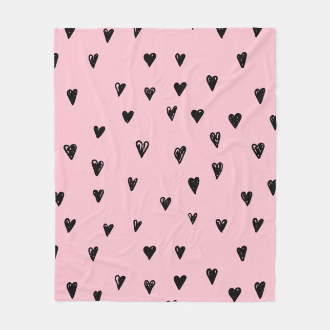 Couverture Polaire Bébé Doodles rose et noir Motif de coeur mignon (Devant)
