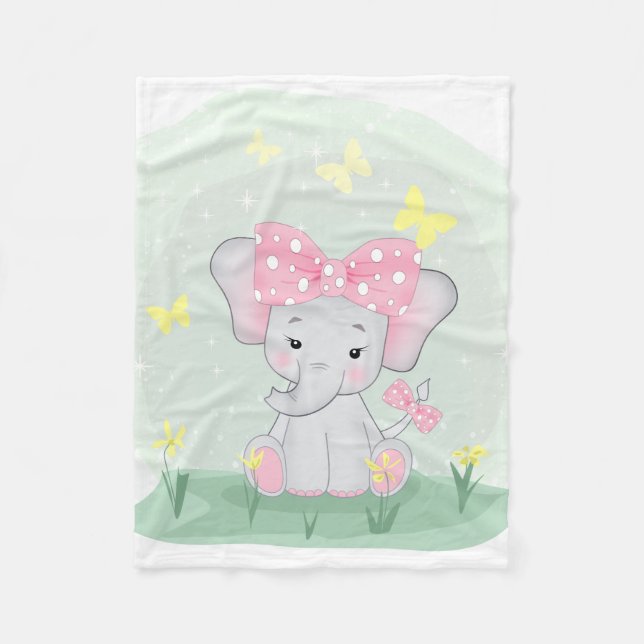 Couverture Polaire Bébé éléphant mignon avec un nœud rose dans une cl (Devant)