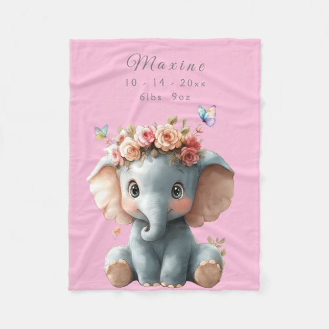 Couverture Polaire Bébé éléphant mignon papillons fleurs (Devant)