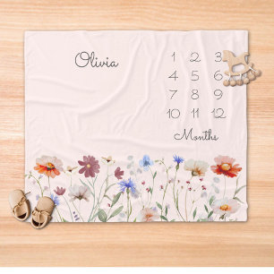 Couverture Polaire Bébé étape Fleur Sauvage Aquarelle Monogramme