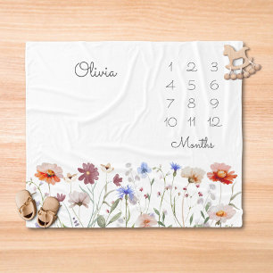 Couverture Polaire Bébé étape fleur sauvage aquarelle monogramme
