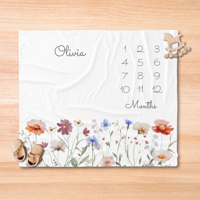 Couverture Polaire Bébé étape fleur sauvage aquarelle monogramme (In situ)
