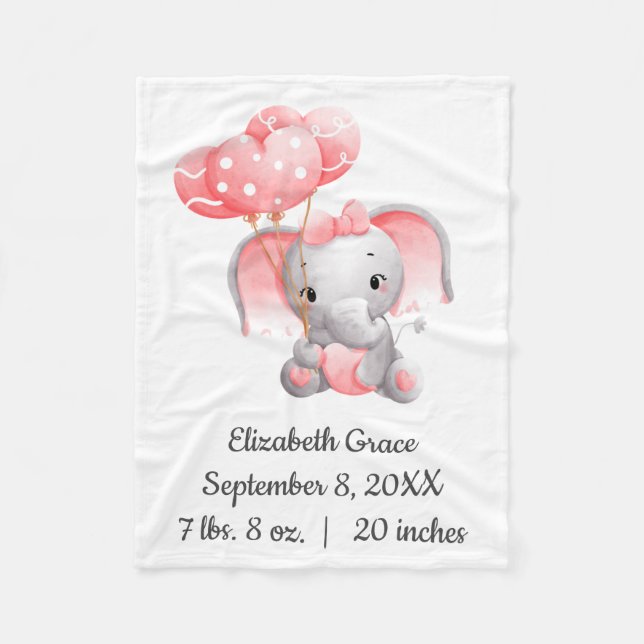 Couverture Polaire Bébé Fille rose Eléphant Ballons Stats de naissanc (Devant)
