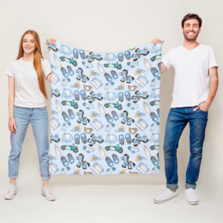 Couverture Polaire Bébé garçon motif bleu à l'aquarelle avec vêtement