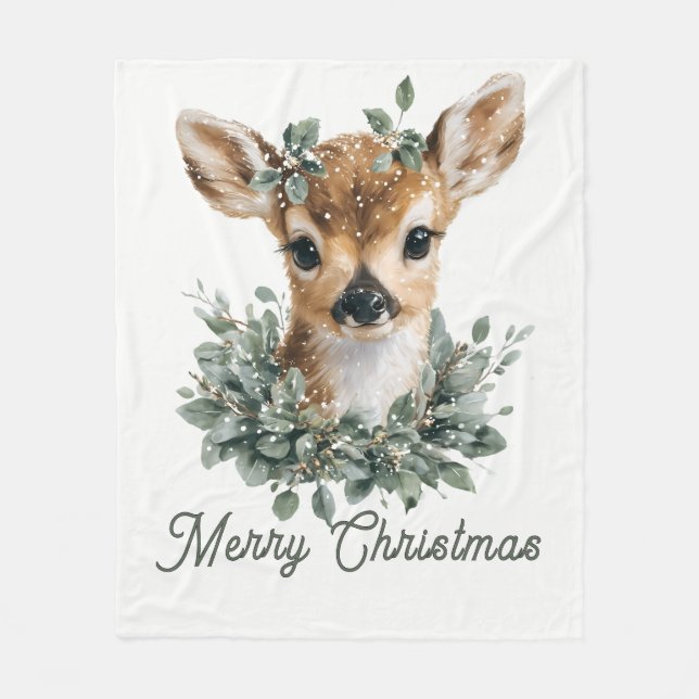 Couverture Polaire Bébé mignon Cerf Joyeux Noël - Aquarelle Fawn (Devant)