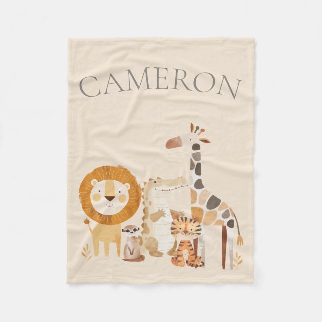 Couverture Polaire Bébé mignon Zoo Animaux Personnalisé Nom Beige (Devant)