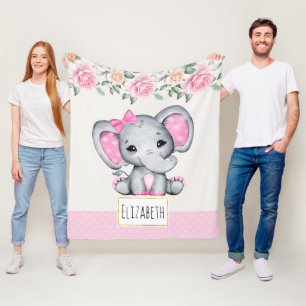 Couverture Polaire Bébé rose mignon éléphant et frontière Rose