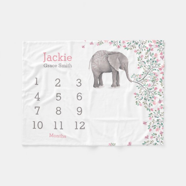 Couverture Polaire bébé tapis de milestone avec un éléphant rose gris (Devant (Horizontal))