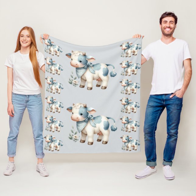Couverture Polaire Bébé Vache Gingham Bleu Pastel Esthétique Ferme (En situation)