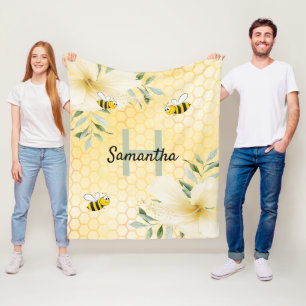 Couverture Polaire Bees fleurons jaunes nid d'abeilles monogrammé