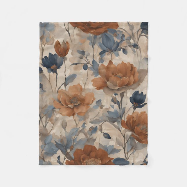 Couverture Polaire Beige Brûlé Orange Dusty Marine Bleu Floral (Devant)