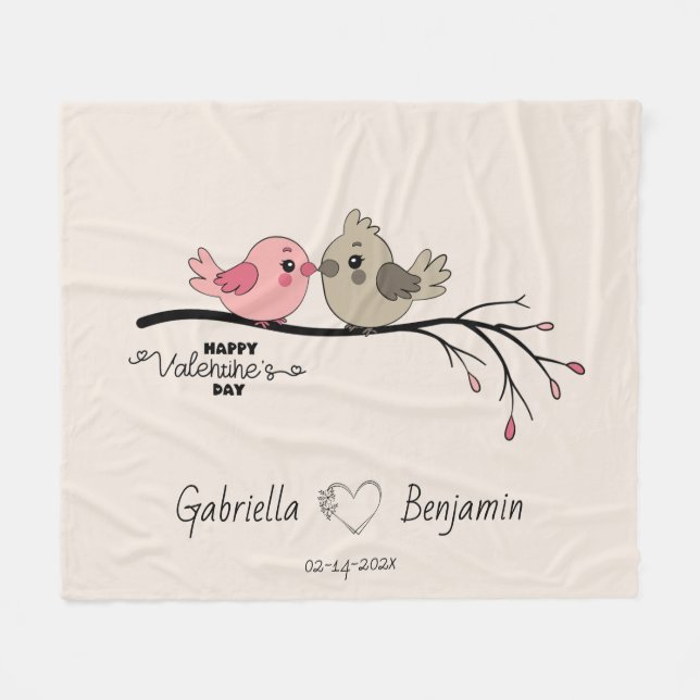 Couverture Polaire Belle Cartoon Lovebirds sur la branche Saint-Valen (Devant (Horizontal))
