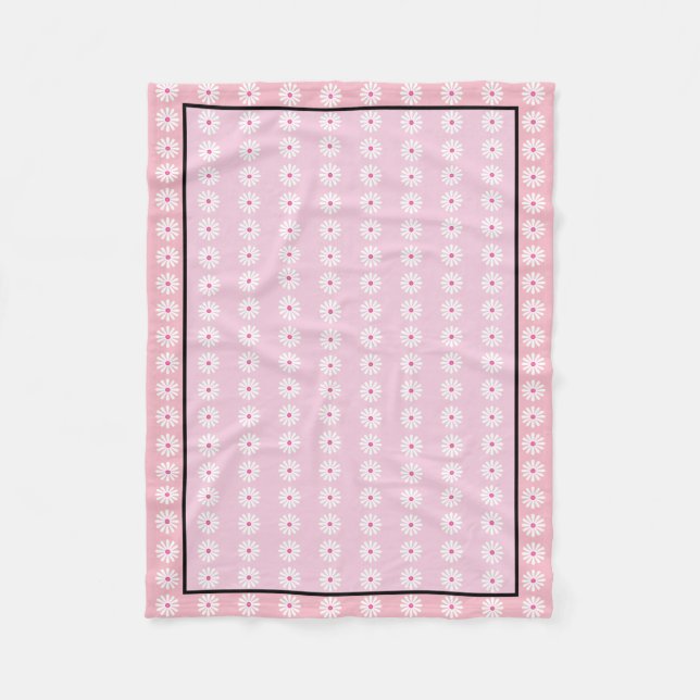 Couverture Polaire Belle marguerite blanche, rose chic, bordure noire (Devant)