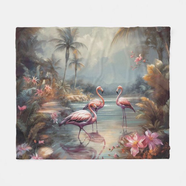 Couverture Polaire belle peinture vintage flamants roses (Devant (Horizontal))