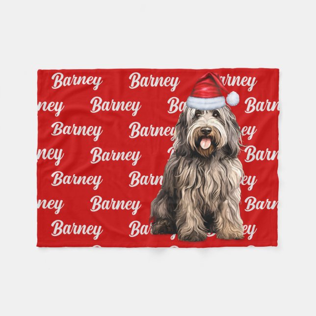 Couverture Polaire Bergamasco en rouge avec nom Chien de Noël (Devant (Horizontal))