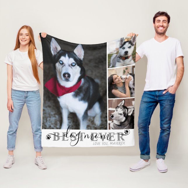 Couverture Polaire Best Dog Mom Ever Script 4 Photo Collage Pawprints (En situation)