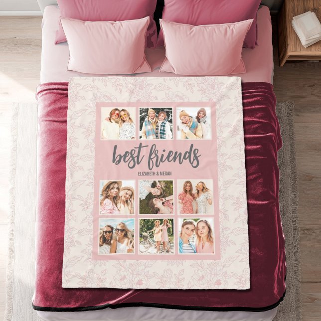 Couverture Polaire Best Friends BFF Pink Photo Collage with Names (Personalize this pretty pink best friends blanket with 6 photos and your names. Makes a fun gift.)