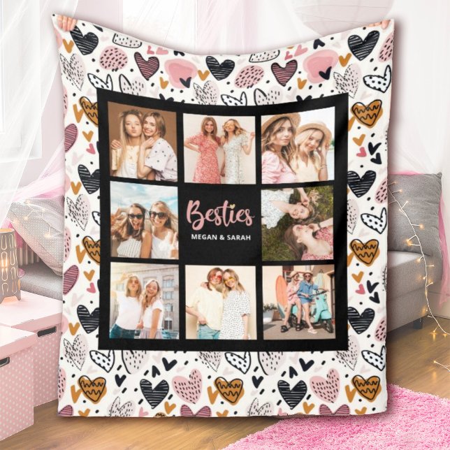 Couverture Polaire Best Friends Stylish BFF Friendship Photo (A cute best friends blanket with a heart pattern background. Personalize 8 photos and your names.)
