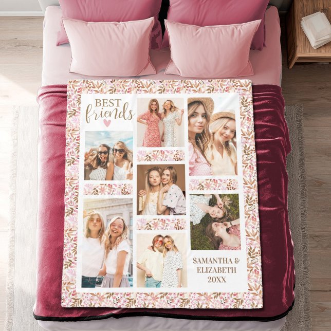 Couverture Polaire Best Friends Stylish BFF Friendship Pink Photo (A pretty floral 7 photo best friends blanket. Personalize it with the names and photos of your best.)