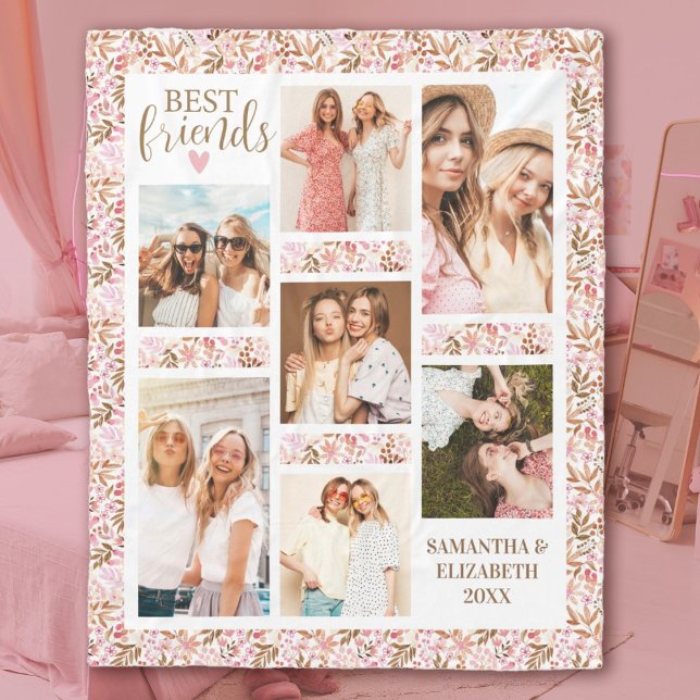 Couverture Polaire Best Friends Stylish BFF Friendship Pink Photo (A pretty floral 7 photo best friends blanket. personalize it with your names and photos.)