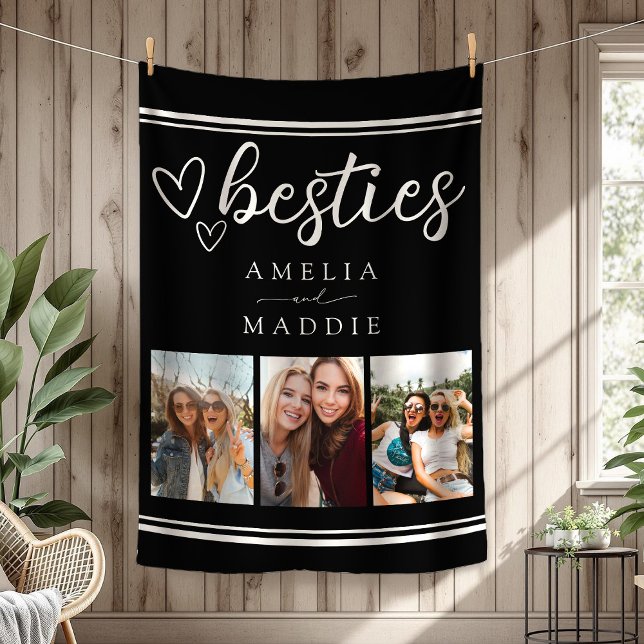 Couverture Polaire Besties modernes Collage photo noir et blanc (Modern Besties Photo Collage Black and White Fleece Blanket)