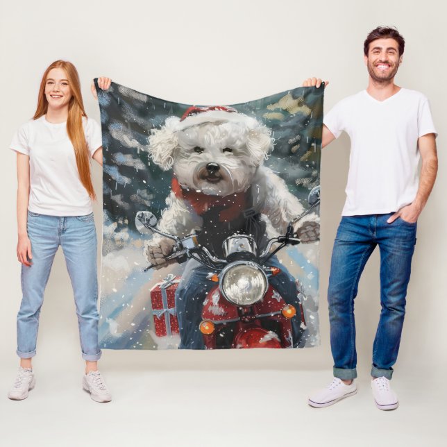 Couverture Polaire Bichon Frise Chien à moto Noël (En situation)