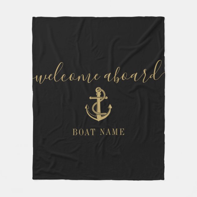 Couverture Polaire Bienvenue Noir Et Or À Bord D'Ancre Nom Du Bateau (Devant)