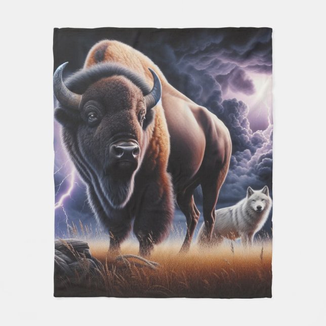 Couverture Polaire Bison et loup dans un orage avec éclair (Devant)