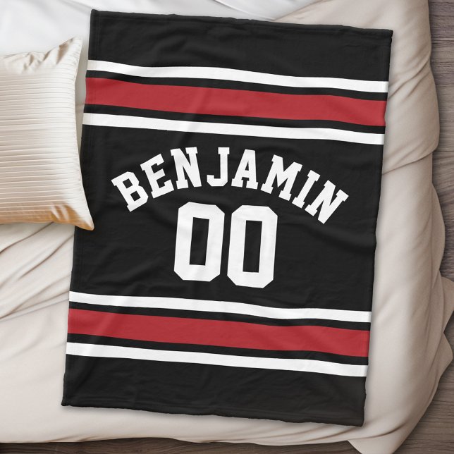 Couverture Polaire Black and Red Sports Jersey Nom personnalisé Numér (Personalized fleece blanket - Sports Theme)