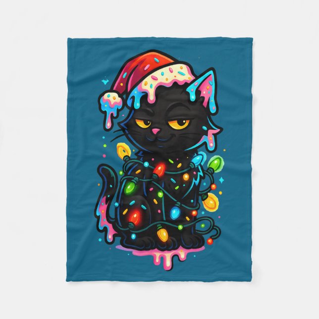 Couverture Polaire Black Cat Christmas Ice Cream Drip Santa Hat Cute  (Devant)