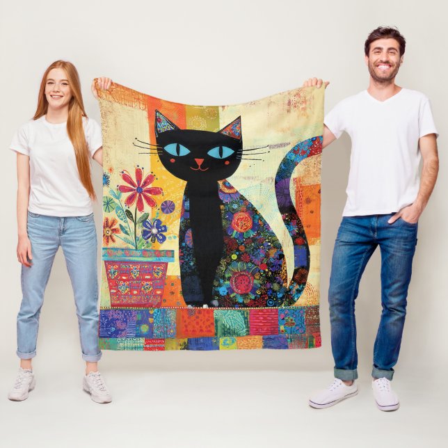Couverture Polaire Black Cat Folk Art (En situation)