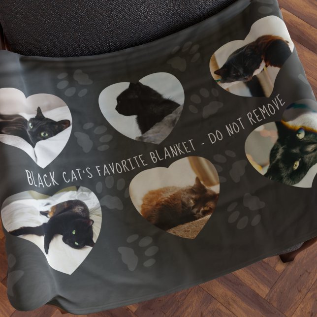 Couverture Polaire Black Cat Photo Collage Coeur Personnalisé (Does your cat have a favorite chair? Upload 6 photos and put this fleece blanket on it)