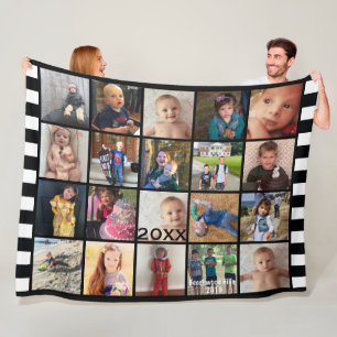 Couverture Polaire Black White Stripe 20 Photo Collage Family Fleece