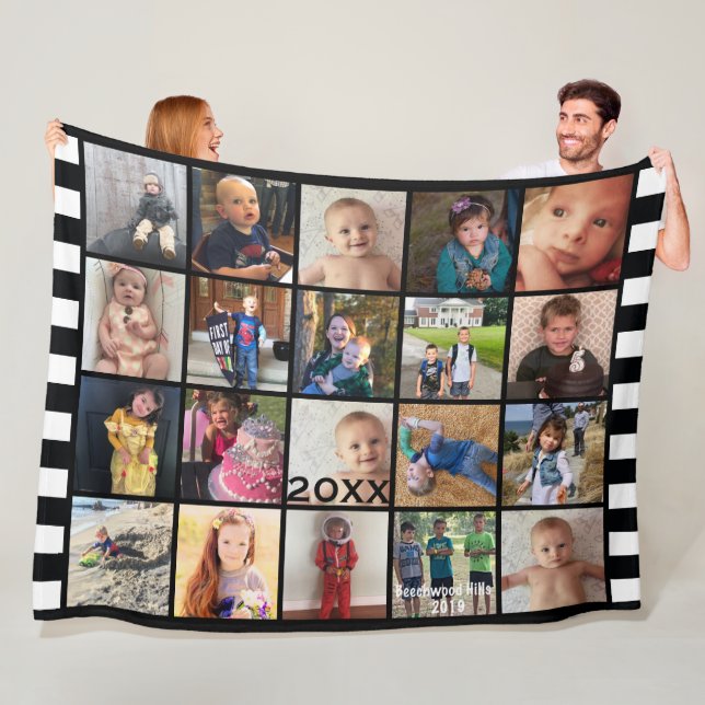 Couverture Polaire Black White Stripe 20 Photo Collage Family Fleece (En situation)