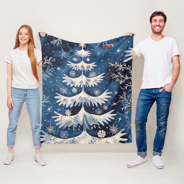 Couverture Polaire Blanc Bleu Arbre de Noël Vacances Fleece Blanche (En situation)
