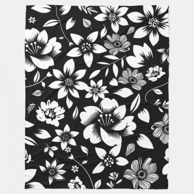 Couverture Polaire Blanc noir Feuilles floraux modernes soufflant (Devant)