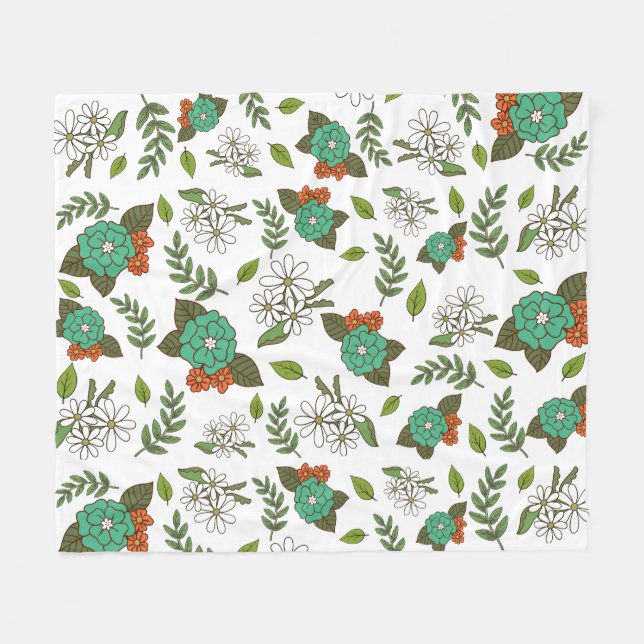 Couverture Polaire Blanc Rétro et Floral Vert (Devant (Horizontal))