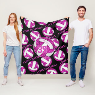 Couverture Polaire blanc rose chaud J'aime volleyball motif girly