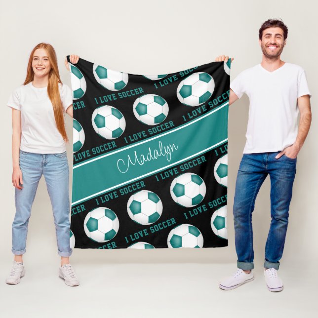 Couverture Polaire blanc turquoise fille J'aime le motif texte de foo (En situation)
